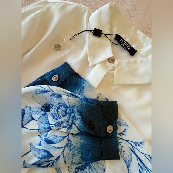Gianfranco Ferre White and Blue Floral Blouse - Picture 6 of 10
